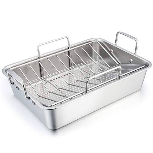 TeamFar Stainless Steel Roasting Pan, 16 Inch Large Turkey Roaster Lasagna Pan with V Rack & Cooling Rack Set for Roasting, Baking, Healthy & Heavy Duty, Deep Side & Dishwasher Safe - 3 PCS