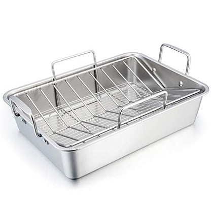 TeamFar Stainless Steel Roasting Pan, 16 Inch Large Turkey Roaster Lasagna Pan with V Rack & Cooling Rack Set for Roasting, Baking, Healthy & Heavy Duty, Deep Side & Dishwasher Safe - 3 PCS