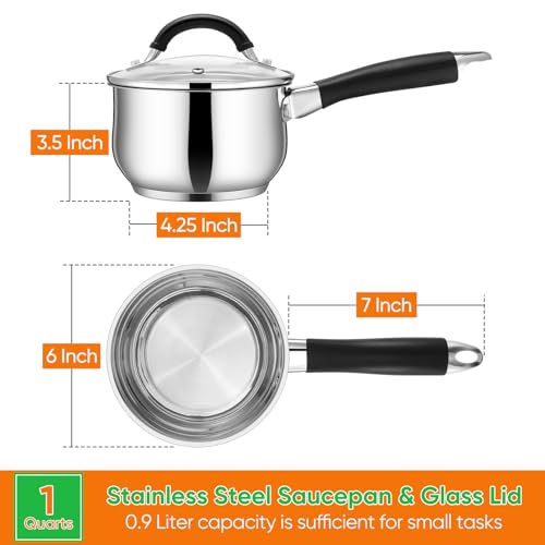 P&P CHEF 1 Quart Sauce Pan with Lid, Stainless Steel Saucepan, Small Milk Pot for Multipurpose Cooking, Visible Glass Lid & Stay-cool Silicone Handle & Tri-Ply Base, For All Stoves & Dishwasher Use