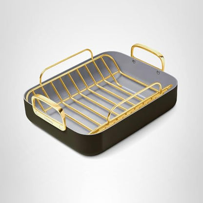 Caraway Roasting Pan - 16x13” Roasting Pan with Rack - Non-Stick Ceramic Coated - Non Toxic, PTFE & PFOA Free - Oven Safe & Compatible with All Stovetops - Black