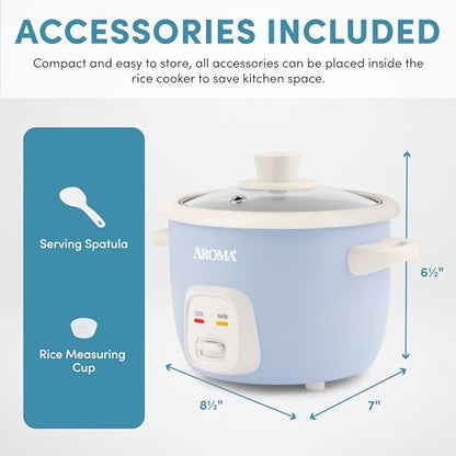 AROMA® Mini Rice Cooker, 2-Cup (Uncooked) / 4-Cup (Cooked), Grain Cooker, Soup Maker, Oatmeal Cooker, Auto Keep Warm, 1 Qt, Blue, ARC-302NGBL