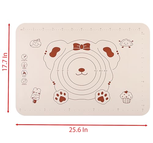 Silicone Dough Mat and Scraper, 25.6 Inch x 17.7 Inch Beige Pastry Mat with Size Scale, Anti Stick and Anti Slip Mat for Kneading Baking in Ketchen, Picnic and Party (L)