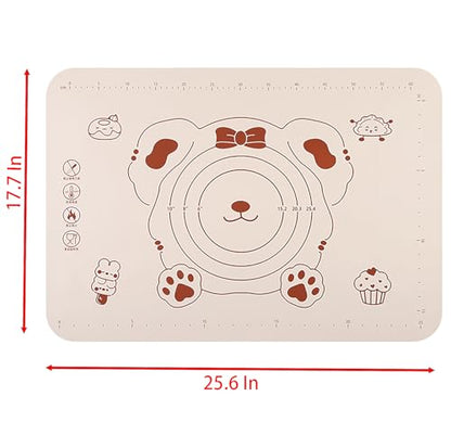 Silicone Dough Mat and Scraper, 25.6 Inch x 17.7 Inch Beige Pastry Mat with Size Scale, Anti Stick and Anti Slip Mat for Kneading Baking in Ketchen, Picnic and Party (L)