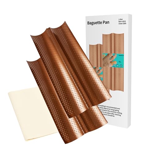 Logario Baguette Pan Set of 2 with Proofing Cloth, Nonstick 2-Slot French Bread Baking Pan for Homemade Baguette, Carbon Steel Vintage Bronze Tray, Bakeware for Artisan Homemade Bread