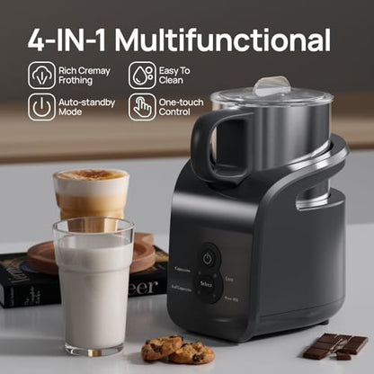 4-in-1 Milk Frother - Electric Steamer, Automatic Warm & Cold Cappuccino Foam Maker, 12.5oz Milk Warmer for Latte, Macchiato, Stainless Steel