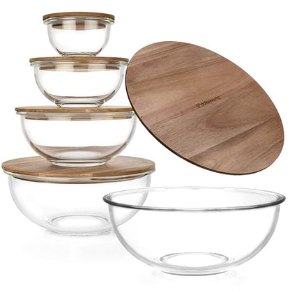 dokaworld Set of 5 Nesting Glass Bowls with New Updated Acacia Lids for Foodprep, Storage, Mixing & Cooking - Microwave & Oven-ready BPA Free Durable Heat Resistant Inert Borosilicate Glass