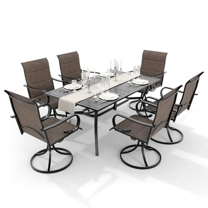 MELLCOM 7-Piece Outdoor Dining Set, 6 Swivel Rocker Chairs with High Back Textilene & Rectangular Metal Dining Table with Umbrella Hole, Patio Furniture Set for Porch, Deck, Brown