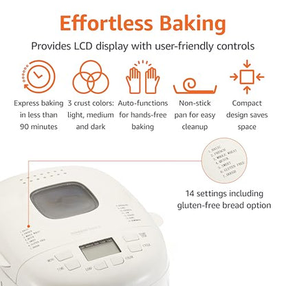 Amazon Basics Programmable Bread Maker, 2 Pound Non-Stick Automatic Bread Making Machine, 14 Settings for Breads, Doughs, Gluten-Free Options, ExpressBake, 3 Crust Colors, LCD Display, White