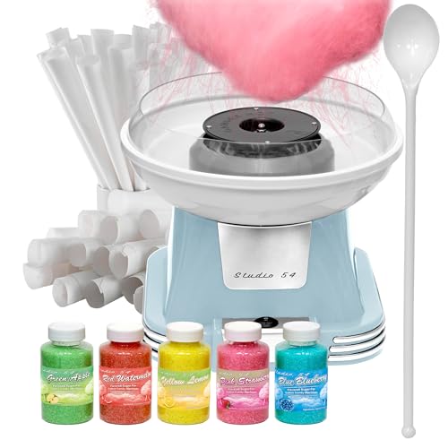 Studio 54 Retro Cotton Candy Machine with 5 Jars (11oz Each) Floss Sugar, 50 Paper Cones, Easy Cleanup Cotton Candy Maker, Durable Retro Design, Makes 20–30 Servings per Jar, BPA & Lead Free