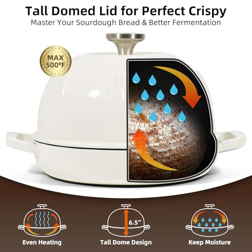 Davivy 5QT Dutch Oven for Sourdough Bread, Enamel Cast Iron Bread Pan, Round Sourdough Pan Bread Dutch Oven Bread Cloche with Slicone Oven Mitts - White