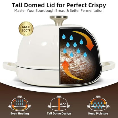 Davivy 5QT Dutch Oven for Sourdough Bread, Enamel Cast Iron Bread Pan, Round Sourdough Pan Bread Dutch Oven Bread Cloche with Slicone Oven Mitts - White