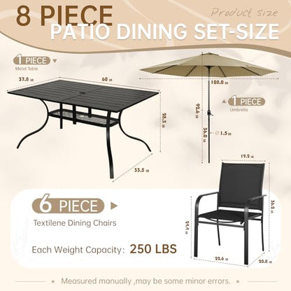 SUNCROWN 8 - Piece Outdoor Dining Set, Patio Furniture Set with 6 Textilene Dinning Chairs, 1 Rectangle Metal Table and 1 Brown 9Ft Patio Umbrella for Lawn Garden Backyard Deck, Black