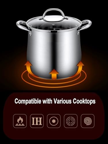Stainless Steel Stock Pot, 8 Quart Heavy Duty Induction-Compatible with Visible Lid for Soups, Pasta, Stews, Canning, Boiling