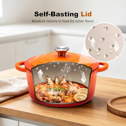 WOKINS Enameled Cast Iron Dutch Oven - 7QT Pot with Lid,Oven Safe to 500°F,Heavy-Duty Cookware for Sourdough Bread Baking,Braising,Stews,Roasting Orange