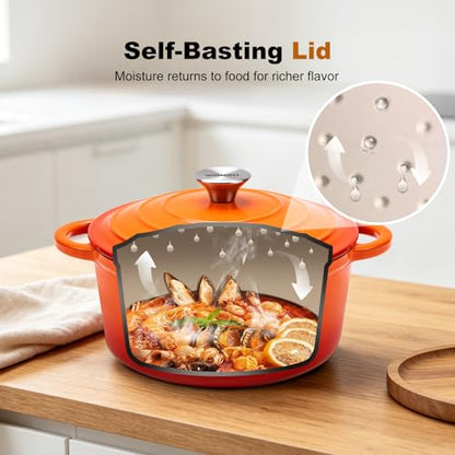 WOKINS Enameled Cast Iron Dutch Oven - 7QT Pot with Lid,Oven Safe to 500°F,Heavy-Duty Cookware for Sourdough Bread Baking,Braising,Stews,Roasting Orange