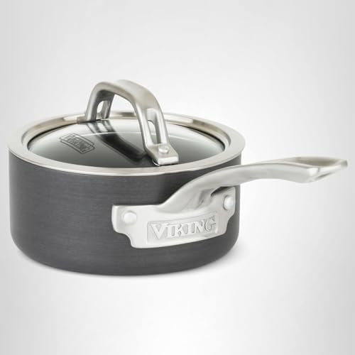 Viking Non Stick Sauce Pan with Glass Lid, 1 Quart Hard Anodized Nonstick Saucepan Cooking Pot, Dishwasher and Oven Safe, Induction Ready, Gray
