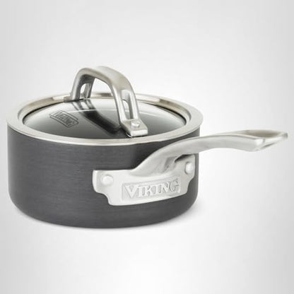 Viking Non Stick Sauce Pan with Glass Lid, 1 Quart Hard Anodized Nonstick Saucepan Cooking Pot, Dishwasher and Oven Safe, Induction Ready, Gray