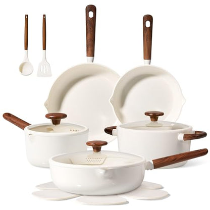 CAROTE Ceramic Cookware Sets, Pots and Pans Set Non stick, Non Toxic Healthy Induction Cookware, 14 Pcs Nonstick Kitchen Pots and Pans Set, PFAS PTFE Free, Dishwasher Safe