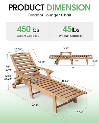 SUUNYN Chaise Lounge Outdoor, Lounge Chair Outdoor with Wood Texture, Adjustable 5-Position Backrest, HDPE Lounge Chair with Wheels & Cup Holder for Pool Deck Backyard, Teak