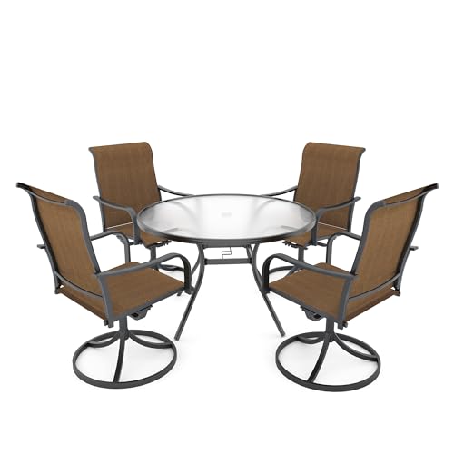 Anmutig 5-Piece Outdoor Patio Dining Set, 40" Round Glass Table with 4 Swivel Rocking Patio Chairs Furniture Set for Kitchen Garden, Backyard, Brown
