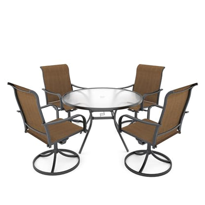 Anmutig 5-Piece Outdoor Patio Dining Set, 40" Round Glass Table with 4 Swivel Rocking Patio Chairs Furniture Set for Kitchen Garden, Backyard, Brown