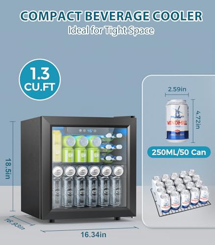 Electactic 50 Cans Beverage Refrigerator Cooler, 1.3 Cu.ft Mini Fridge Countertop Drink Cooler with Glass Door for Beer, Soda,Wine, Adjustable Digital Temperature Control for Home Dorm Bar, Black