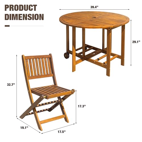 Devoko 5 PCS Patio Furniture, Patio Dining Set Acacia Wood Outdoor Table and Chairs, with 4 Folding Chairs and 37" Round Movable Table, Outdoor Dining Set for Lawn, Balcony, Garden (Light Brown)