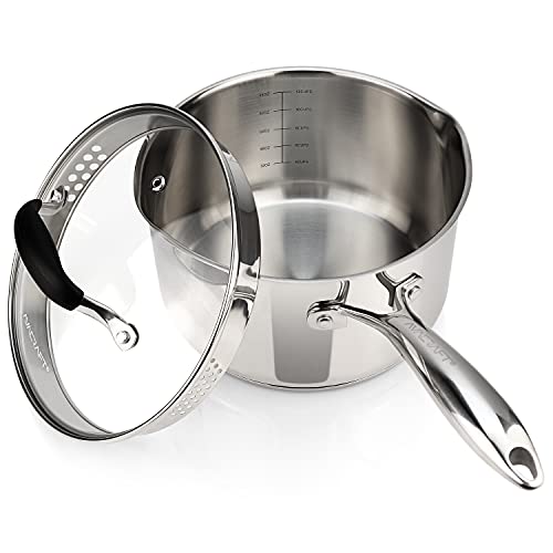 AVACRAFT Stainless Steel Saucepan with Glass Strainer Lid, Two Side Spouts for Easy Pour with Ergonomic Handle, Multipurpose Sauce Pot (5-Ply Capsule Bottom, 3.5 Quart)