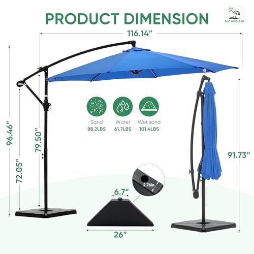 NEWBULIG 10FT Patio Umbrella with Base Included, Offset Cantilever Outdoor Patio Table Umbrella, UV Protection, Fade Resistant Fabric, Easy Tilt Adjustment for Pool, Deck, Garden, Backyard, Blue
