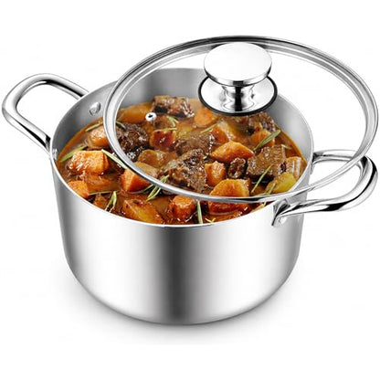 TeamFar 8 Quart Stock Pot, Stainless Steel Tri-ply Stockpot Pasta Cooking Pot with Glass Lid, for Induction Electric Gas Ceramic Stoves, Toxic Free & Heavy Duty, Double Handles & Dishwasher Safe