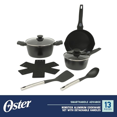 Oster SmartHandle Advance 13-Piece Nonstick Cookware Set – Matte Black Finish, Induction Base, Detachable Handles, Forged Aluminum, Oven & Dishwasher Safe, With Utensils & Pan Protectors