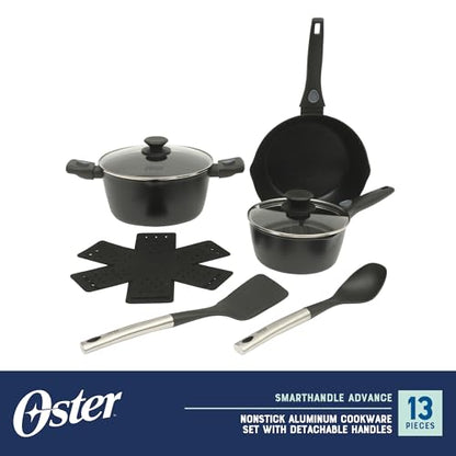 Oster SmartHandle Advance 13-Piece Nonstick Cookware Set – Matte Black Finish, Induction Base, Detachable Handles, Forged Aluminum, Oven & Dishwasher Safe, With Utensils & Pan Protectors