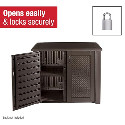 Rubbermaid Decorative Outdoor Storage Cabinet (123 Gal), Weather Resistant, Brown, Organization for Home/Backyard/Pool Chemicals/Toys/Garden Tools/Porch/Patio Cushions