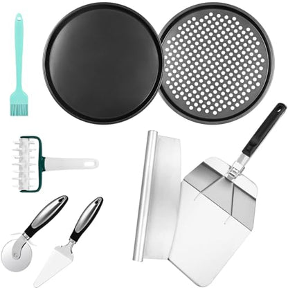 Fat-Cattie Pizza making kit,Pizza Peel Pizza Pan Set with 12"Pizza Peel、12"Pizza Pan、11"Pizza Cutter Rocker(8PC)