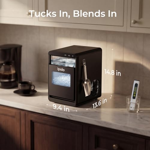 ipolo Nugget Ice Maker Countertop: 44lb/Day, Self-Cleaning, Black Stainless Steel, Portable, Soft Chewable Pebble Ice Machine for Home Kitchen, RV & Office