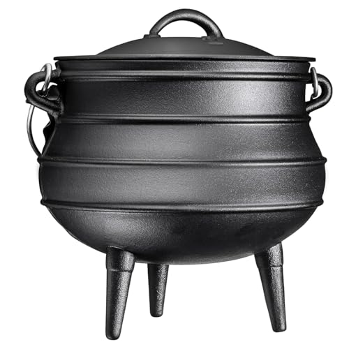 Bruntmor 12 Quart Cast Iron Dutch Oven Cauldron Pot - Camping Cookware with Lid - Pre-Seasoned Heavy-Duty Potjie for Stews, Soups, Braising, and Frying Over Fire Pit Grill or Camp Stove - Black