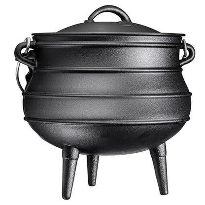 Bruntmor 12 Quart Cast Iron Dutch Oven Cauldron Pot - Camping Cookware with Lid - Pre-Seasoned Heavy-Duty Potjie for Stews, Soups, Braising, and Frying Over Fire Pit Grill or Camp Stove - Black