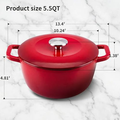 WOKINS 5.5QT Enamel Cast Iron Dutch Oven with Lid,Dual Handles,Versatile Heavy-Duty Non-toxic Cookware for Sourdough Bread Baking,Braising,Stews,Roasting,Oven Safe up to 500°F red
