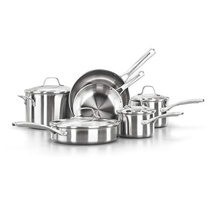 Calphalon Classic Stainless Steel Cookware Set, 10-Piece, Impact-Bonded Aluminum Base, Stay-Cool Handles, Oven Safe 450F, Silver