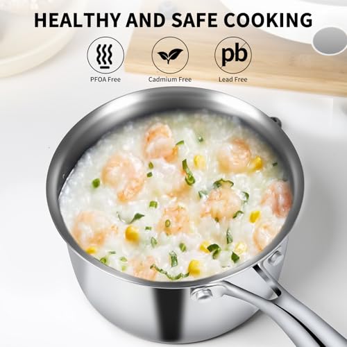 EWFEN 3 Ply Stainless Steel Sauce Pan Set with Lids, 1 & 2 & 3 Quart Multipurpose Cooking Pot, Stay-Cool Handle, Induction Oven Dishwasher Safe, 1QT & 2QT & 3QT