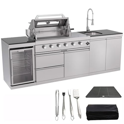 98.4 Inch Outdoor Kitchen Island, 72000 BTU Modular Propane Gas Grill Combination With Refrigerator and Sink, Outdoor Stainless Steel Barbecue Bar, Propane Grill for Patios, Gardens, Parties