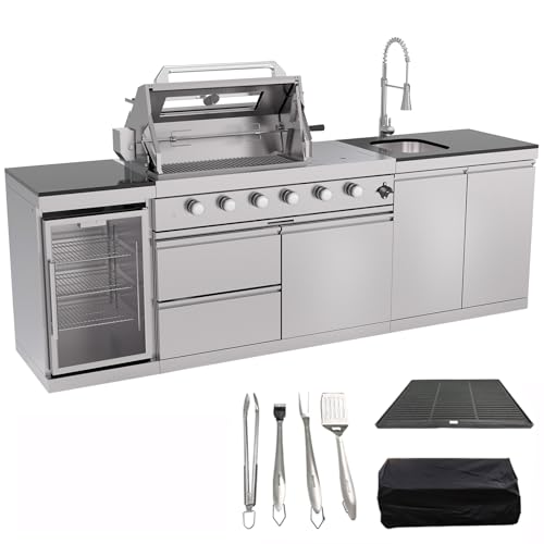 98.4 Inch Outdoor Kitchen Island, 72000 BTU Modular Propane Gas Grill Combination With Refrigerator and Sink, Outdoor Stainless Steel Barbecue Bar, Propane Grill for Patios, Gardens, Parties