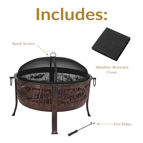 Sunnydaze 30-Inch Fire Pit with Spark Screen, Water-Resistant Cover, Metal Grate, and Fireplace Poker - Northwoods Fishing