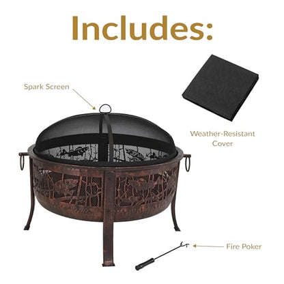 Sunnydaze 30-Inch Fire Pit with Spark Screen, Water-Resistant Cover, Metal Grate, and Fireplace Poker - Northwoods Fishing
