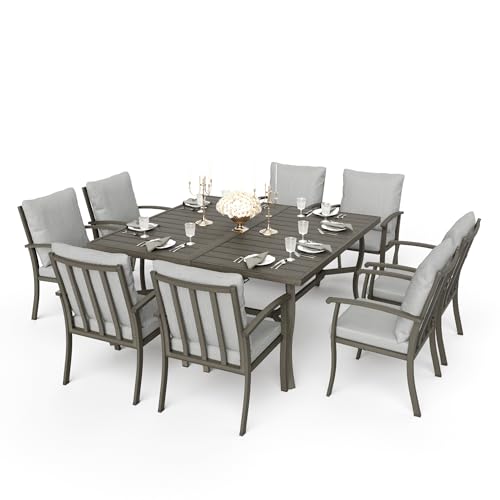 HAPPATIO 9 Piece Patio Dining Set, Aluminum Outdoor Dining Set for 8, 59" Large Square Dining Table with Umbrella Hole and 8 Chairs, Outdoor Table and Chairs for Lawn Yard Patio