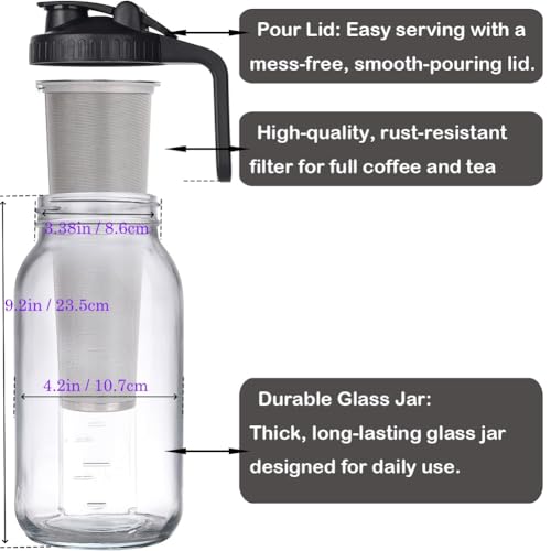 HomeCheer 2 Set 64 oz (2 Quart), Black Cold Brew Coffee Maker, Iced Tea Machines, Thick Glass with Pour Spout Handle Lid, Stainless Steel Filter for Iced Coffee, Fruit Drinks or Sun Tea (2)