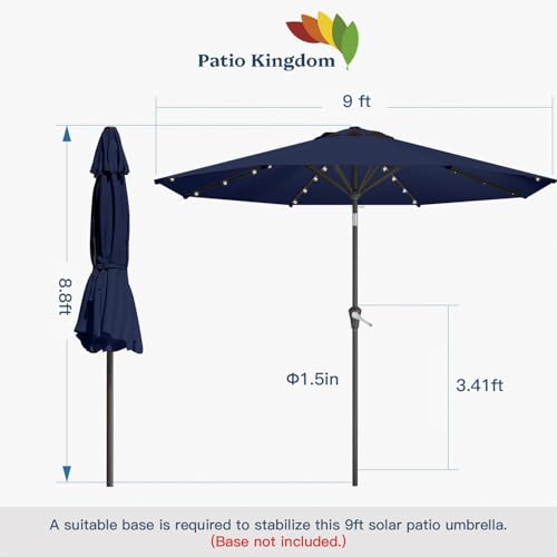 Patio Kingdom 9FT Solar Umbrella 32 LED Lighted Patio Umbrella Table Market Umbrella w/Tilt and Crank, UV-Resistant Outdoor Umbrella for Pool, Garden, Deck, Navy Blue