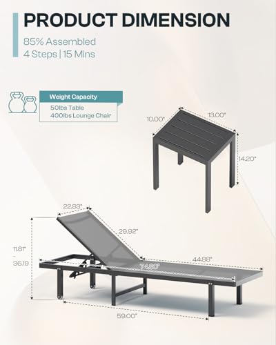 Oasbira Aluminum Outdoor Lounge Chairs Set of 2, Pool Lounge Chairs with Wheels and 5-Position Recliner -Easy to Move- Patio Chaise Lounge Outdoor for Poolside, Deck, Beach (Darkgray)