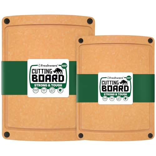 Freshware Wood Cutting Boards for Kitchen, Juice Groove, Non-Slip Silicone Feet, Dishwasher Safe, Medium 12" x 9" and Large, 15" x 11.25", Set of 2, Natural