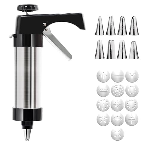 Stainless Steel Cookies Press,Cookie Press Gun Kit with 13 Cookie Discs and 8 Piping Tips, Gift for Women, Christmas Festival Biscuit Maker
